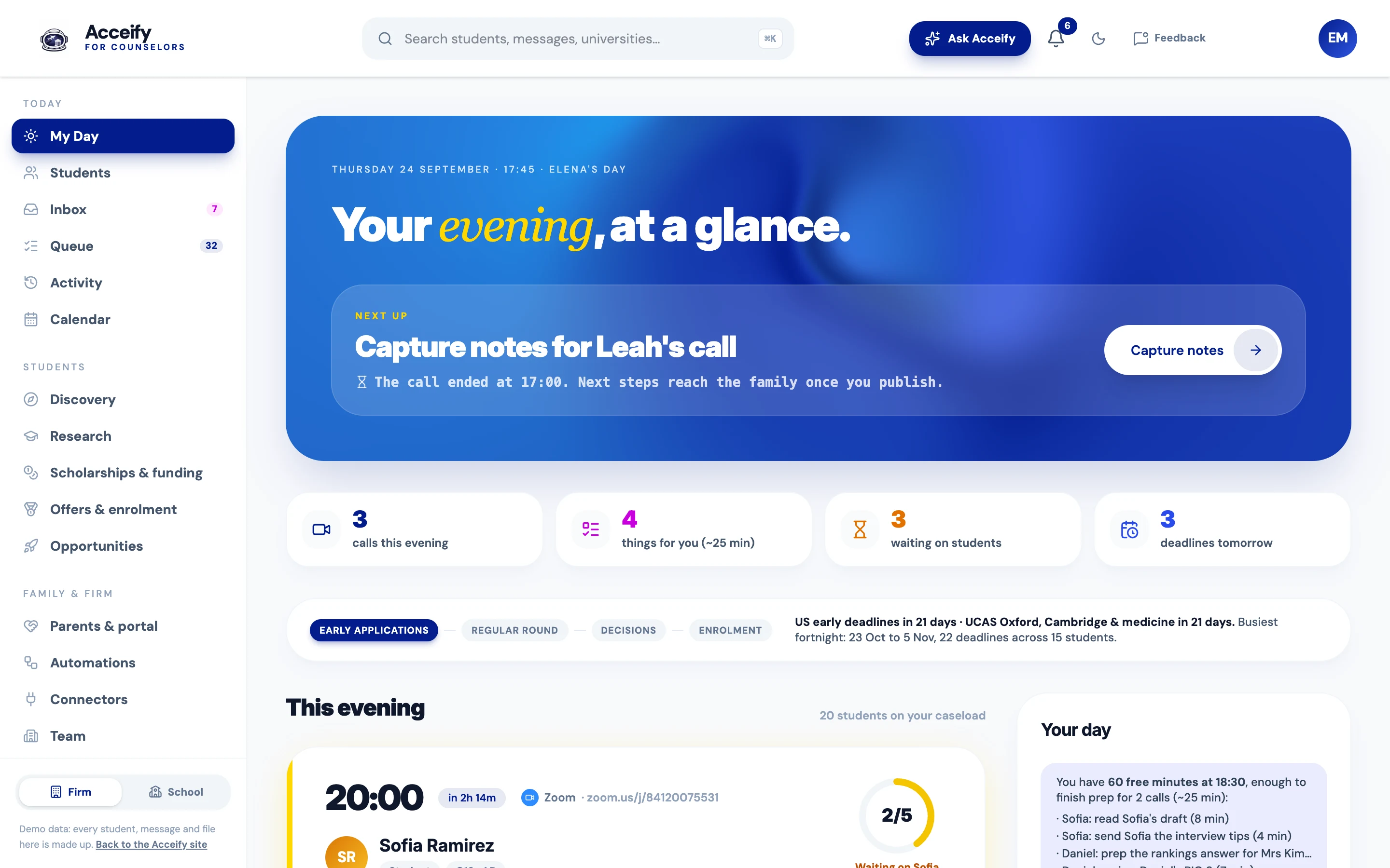 The Acceify counselor dashboard with sample students: the evening at a glance, the next task before a 20:00 call, and counts of meetings, tasks and deadlines.