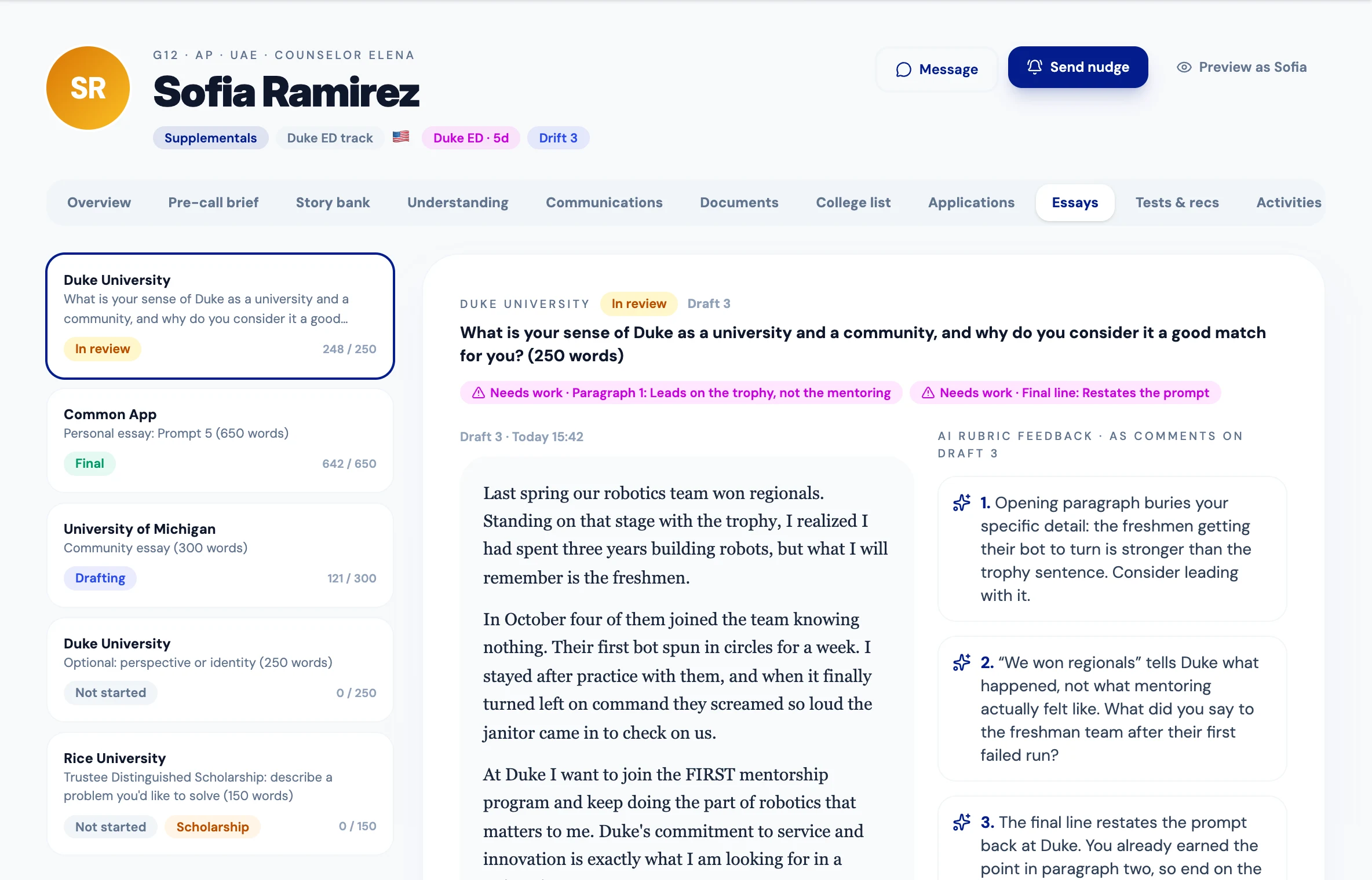 A sample student's Duke essay open in the dashboard, with numbered comments beside it, each saying what to change and why.