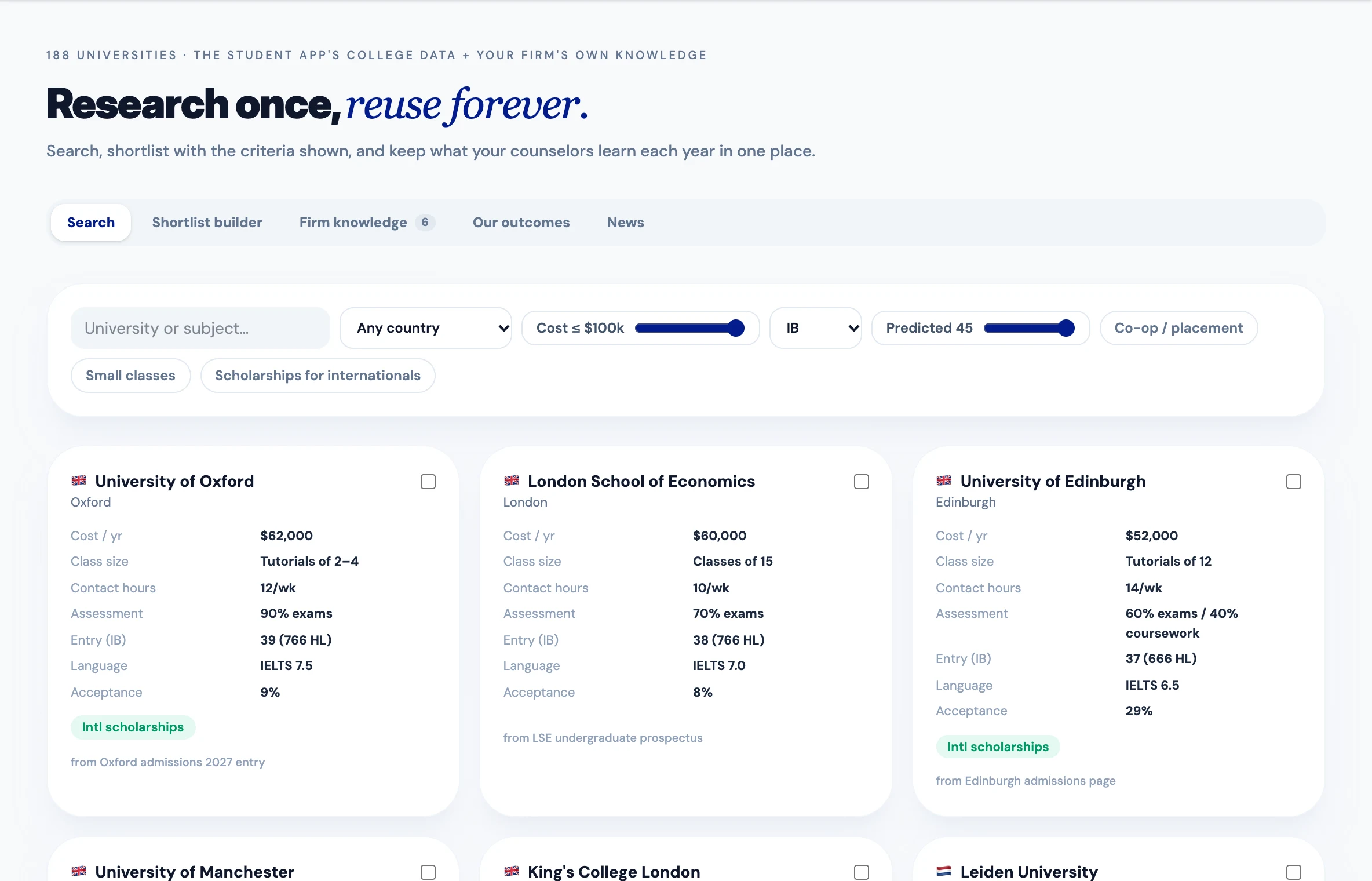 University research in the dashboard: Oxford, the LSE and Edinburgh compared on cost, class size, contact hours, assessment, entry requirements and acceptance rate.
