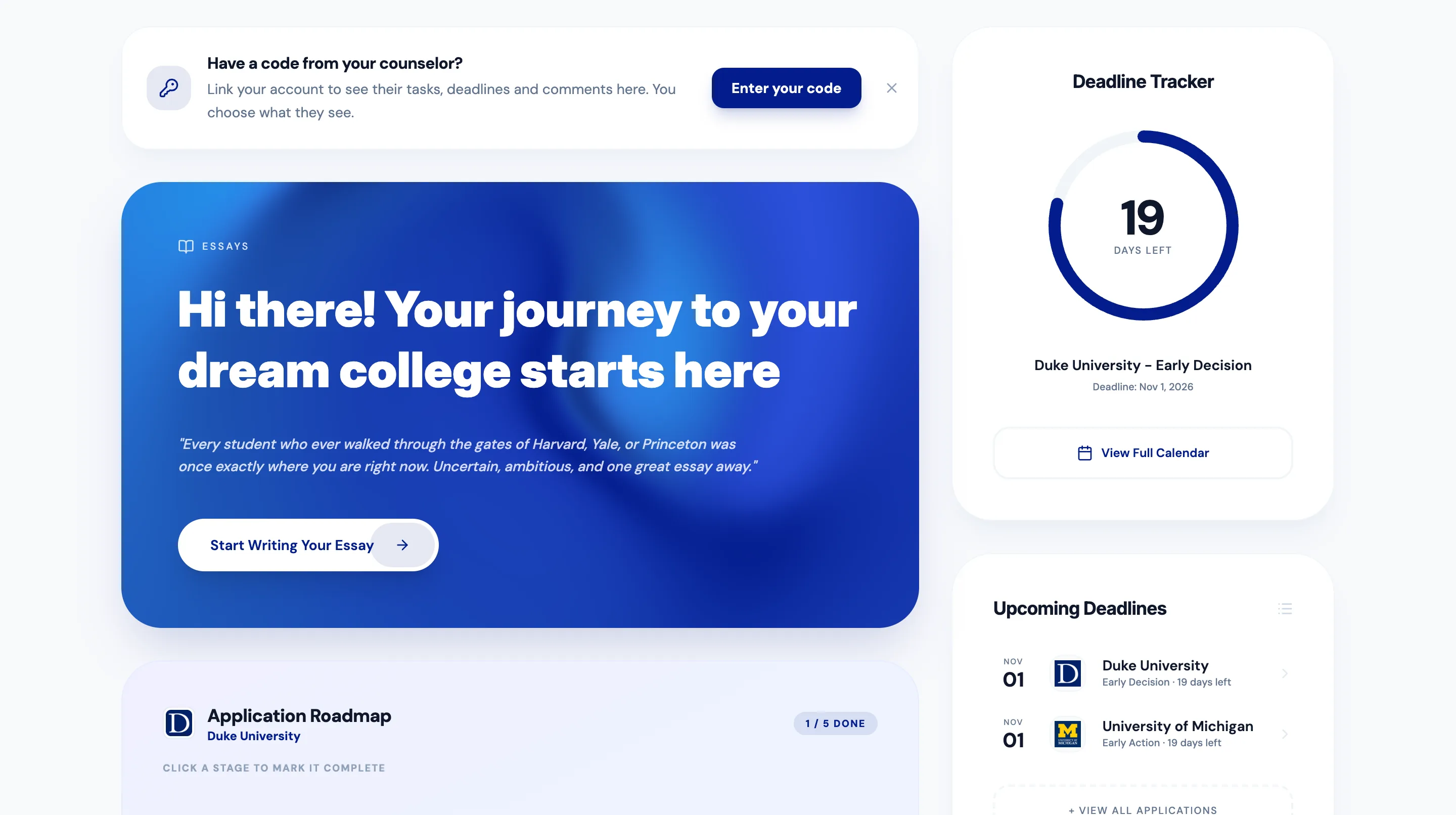 The student dashboard for a sample student: her essays, a countdown to the Duke early-decision deadline and her upcoming deadlines.